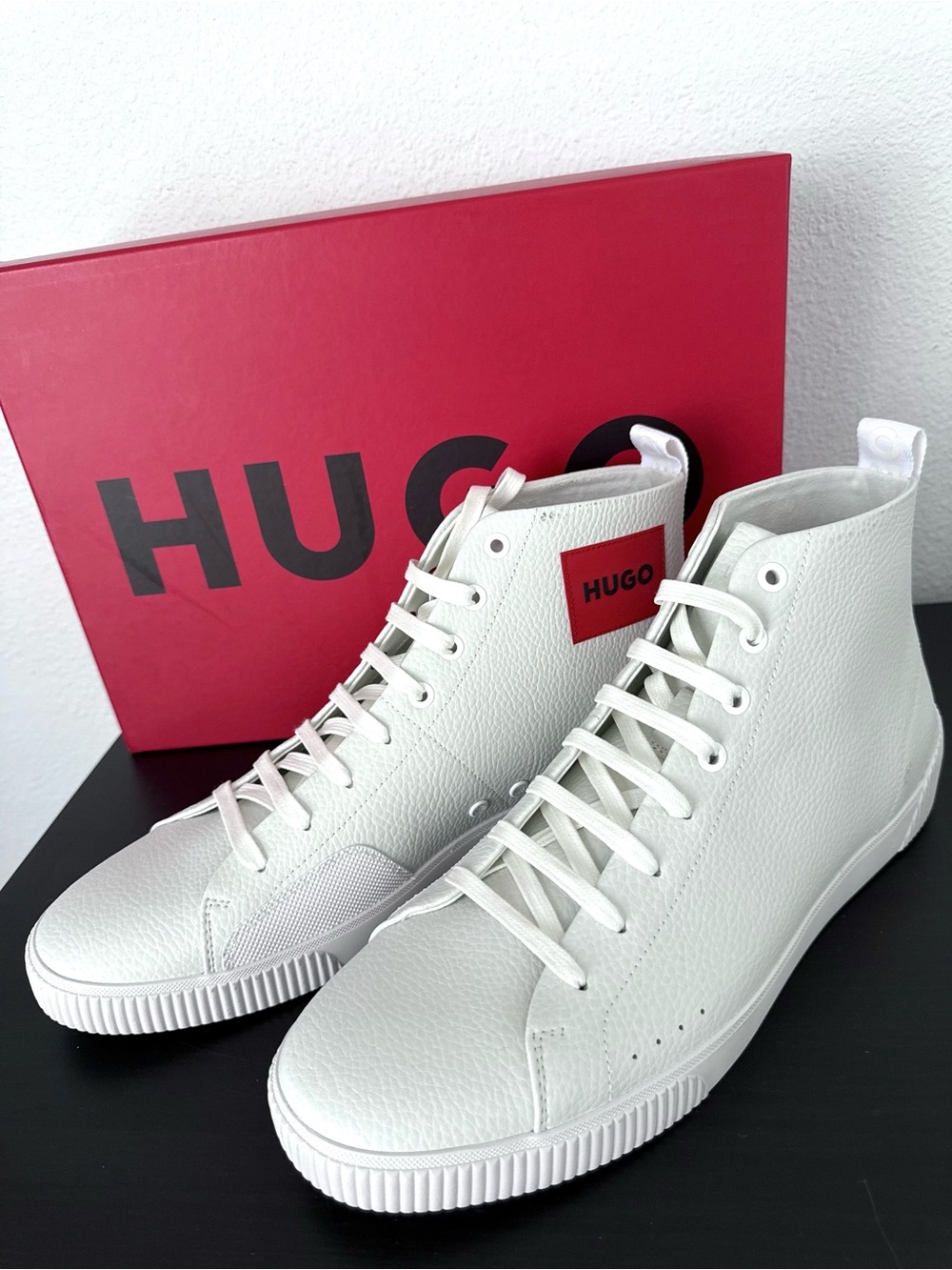 NEW HUGO BOSS White High Top Men's Casual Sneakers Lace Up Logo Accent